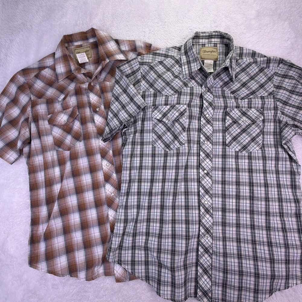 Wrangler Western Shirts Men's Large Pearl Snaps Plaid Pockets, Lot Of 2
